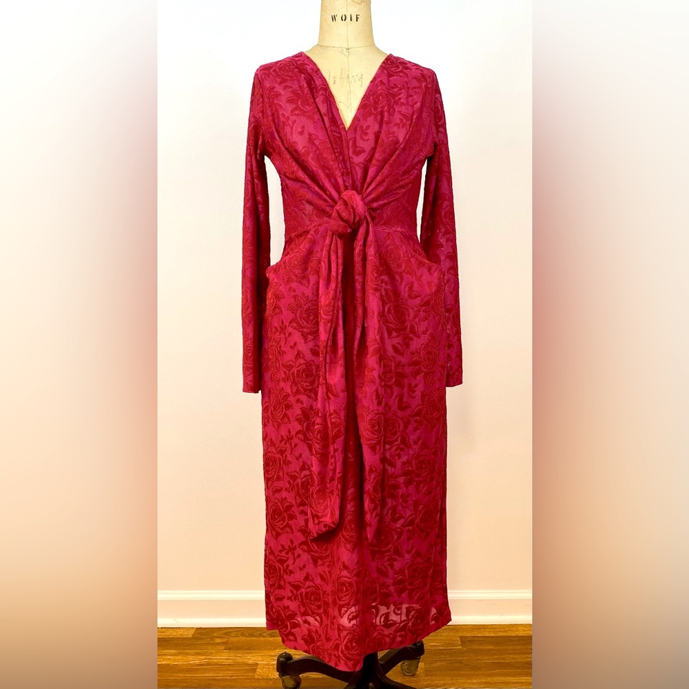 ZARA V Neck Floral Knit Tie Midi Dress